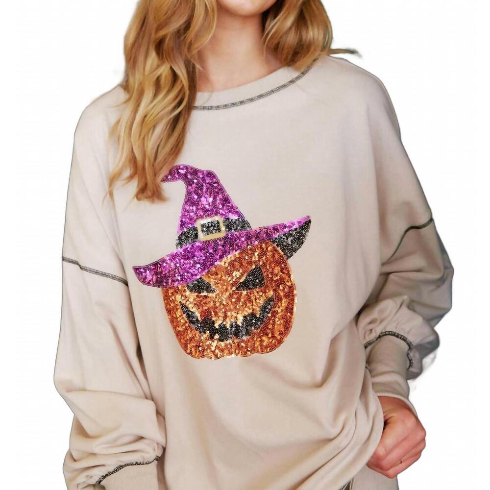 NEW FANTASTIC FAWN sequin halloween pumpkin patch knit sweatshirt in tan - Picture 7 of 7